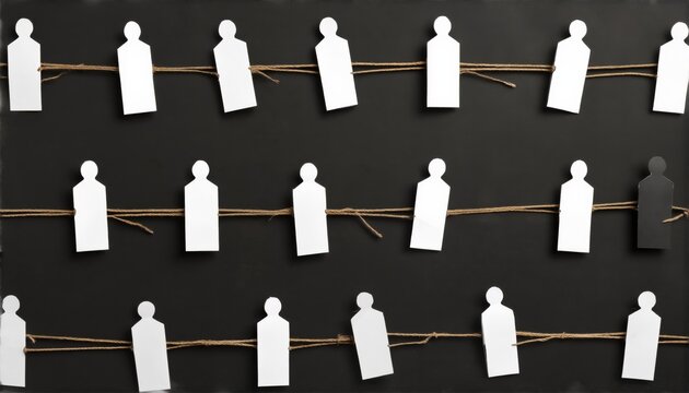 Human connection in collective isolation displayed through paper figures and twine, exploring unity and individuality