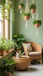 © Oliur_studio - Cozy green interior space with thriving houseplants in pots and hanging planters creating a relaxing and inviting atmosphere.