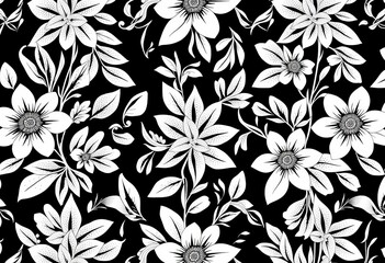 Poster - Seamless black & white halftone floral pattern; elegant leaf & flower design for textile print, illustration, stylish
