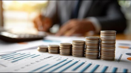 Poster - Focus on Stacked Coins and Financial Charts with Businessman in Background Analyzing Data and Calculating Expenses for Investment Strategies