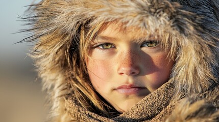 a child in a fur-lined hooded coat gazes intently at the camera, with sunlight highlighting their fa