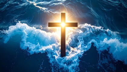 Poster - Abstract Waves Flowing Around a Glowing Cross, A Symbol of Baptism and Faith