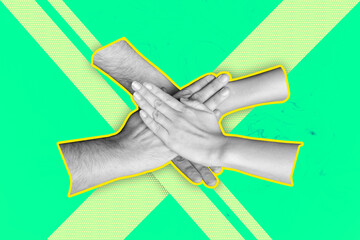 Poster - Collage design composite trend artwork sketch of four hand hold together highfive teamwork success body language symbol hand sign gesture