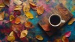 © AI Stock House - Enjoying a hot coffee alongside autumn leaves on a colorful wooden surface