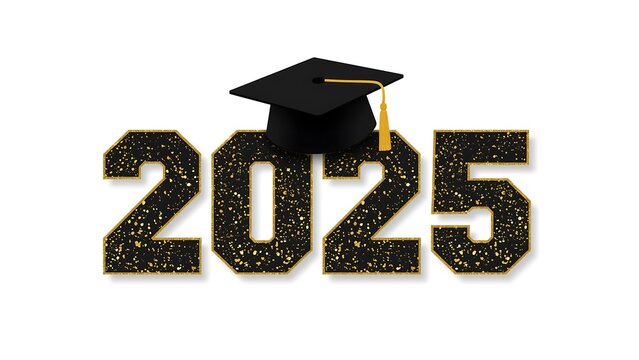 Graduation 2025 Illustration with Gold Outlined Numbers and Cap on White Background