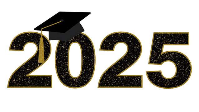 Graduation 2025 Illustration with Gold Outlined Numbers and Cap on White Background