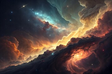 Wall Mural - Breathtaking cosmic landscape of a vibrant nebula with glowing orange and blue clouds and distant stars. A beautiful, epic deep space background.genrative ai
