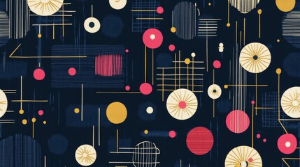 Aufkleber - Abstract geometric pattern with circles, lines, and a mid-century modern aesthetic, creating a dynamic and stylish background