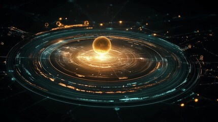 Aufkleber - Abstract Technology Core with Glowing Sphere and Circular Data Streams