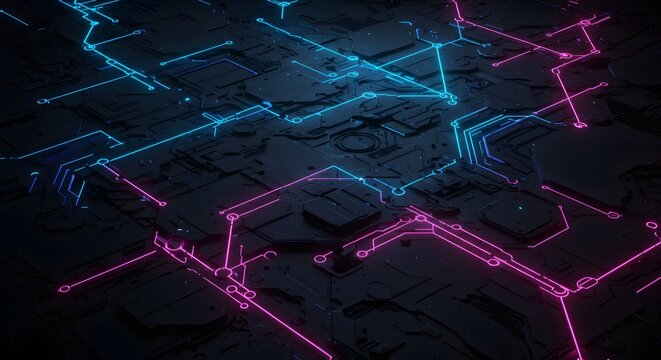 Abstract Glowing Circuit Board Texture Neon Pink and Blue Technology Background