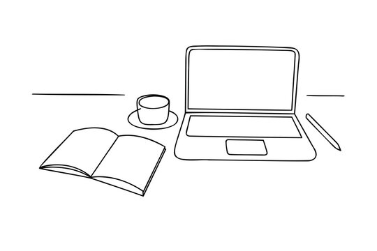 Line drawing a laptop coffee cup open book pen on a desk Single computer notebook