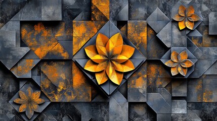 Aufkleber - Abstract Geometric Floral Art with Metallic Accents and Textured Surface
