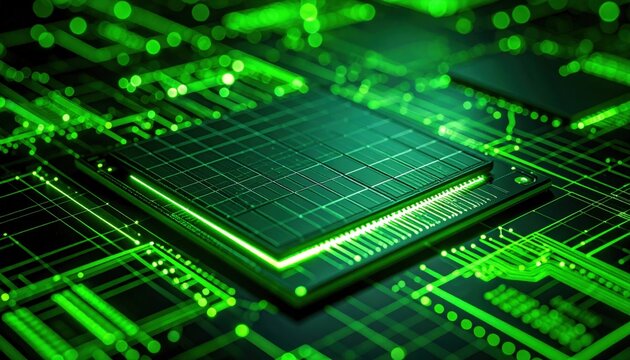 Close Up Of Glowing Green Circuit Board With Microchip