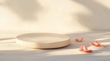 Poster - Minimalistic wooden plate with delicate flower petals on sandy surface during soft sunlight in serene setting