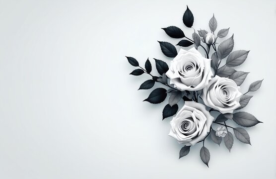Elegant 3D rendered monochrome roses with leaves arranged in minimalist flat lay, top view composition on pure white background featuring deliberate right side white space.​