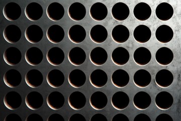 Poster - Close-up of a metallic surface with evenly spaced circular holes, highlighting texture and light reflections on the metal.