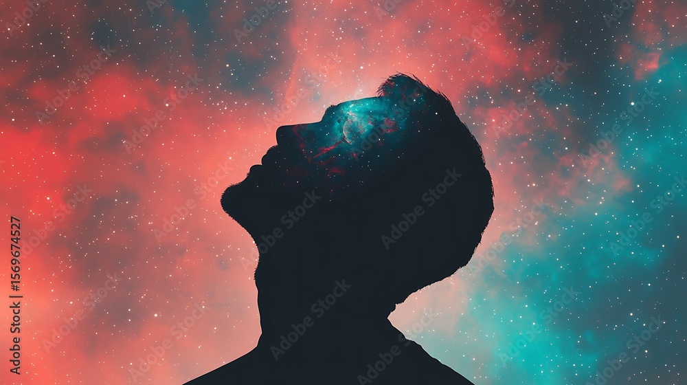 Silhouette of a person looking up into a cosmic sky filled with stars ...