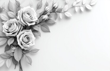 Poster - Elegant 3D rendered monochrome roses with leaves arranged in minimalist flat lay, top view composition on pure white background featuring deliberate right side white space.​