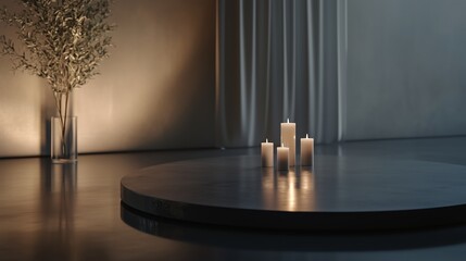 Poster - Calming candle setup on a minimalist platform in a serene interior space during evening hours