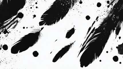 Aufkleber - Black and white minimalist abstract art featuring feathers and ink spots creating a striking, monochromatic contrast