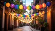 © salminirahayu - Vibrant Colorful Lanterns Hanging in Charming Urban Alleyway with Warm String Lights Illuminating the Street at Dusk