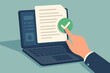 © NanieStudio - Online document approval process. Hand clicking check mark on laptop screen. Paperless workflow, digital signature, quality assurance, ERP management, business automation concept