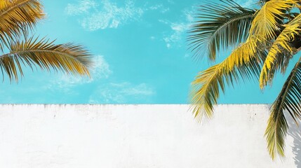 Wall Mural - tropical paradise scene with vibrant palm leaves framing a serene turquoise sky and crisp white surf