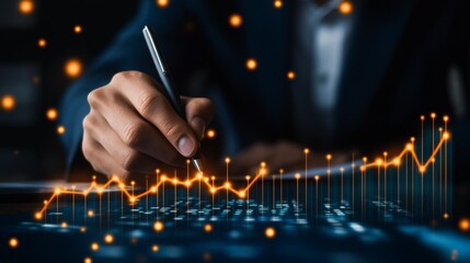 Poster - A person in a suit interacts with a digital rising graph, symbolizing business growth and data analysis in a high-tech environment.