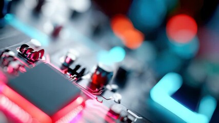 Poster - Macro shot of a modern microchip on a motherboard with red and blue glowing circuits in a futuristic tech style