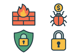 Poster - Icons representing cybersecurity concepts including firewalls, malware, and data protection in a digital context