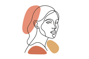 Poster - Line drawing of a woman's face with abstract colorful shapes in the background creating a modern artistic look