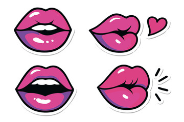 Aufkleber - Colorful cartoon lips in various poses and expressions on a white background for creative design elements