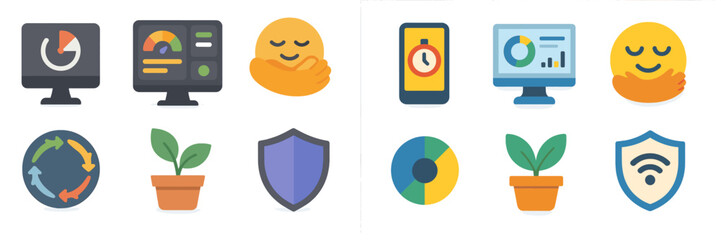 Poster - Colorful digital icons representing various concepts of technology, growth, and protection displayed on a clean background