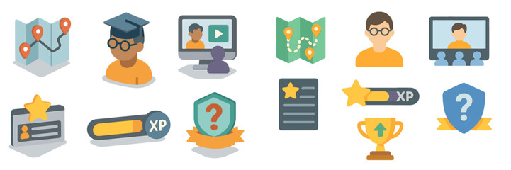 Poster - Educational icons showcasing online learning, gamification, and user engagement elements