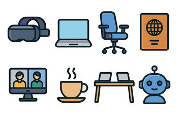 Poster - Technology icons representing remote work and virtual meetings in a modern workspace setting