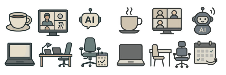 Poster - Digital workspace with AI tools and coffee, featuring laptop and video conference setup in a modern office