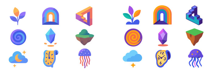 Poster - Colorful abstract icons depicting nature and geometric shapes showcasing creativity and imagination in design