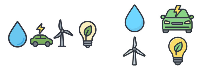 Aufkleber - Symbols of renewable energy illustrated with various icons representing wind, water, and electric vehicles in a modern design