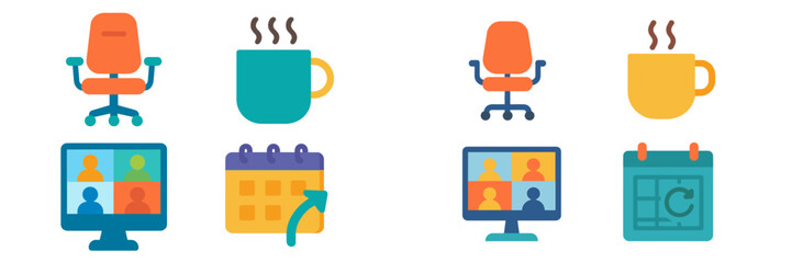 Poster - Modern office workspace elements illustrating remote work setup with chairs, mugs, monitors, and calendars in a colorful design