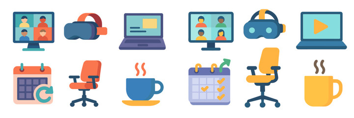Poster - Virtual meeting tools for remote work collaboration featuring various technologies and elements in a modern office setup