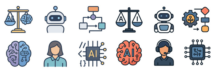Poster - Exploring the concepts of artificial intelligence through various symbolic representations and icons showcasing technology and human interaction
