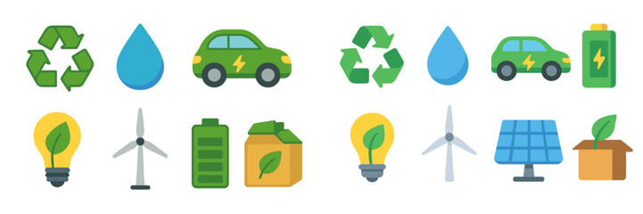 Aufkleber - Green symbols representing sustainability, eco-friendliness, and renewable energy concepts in a colorful layout