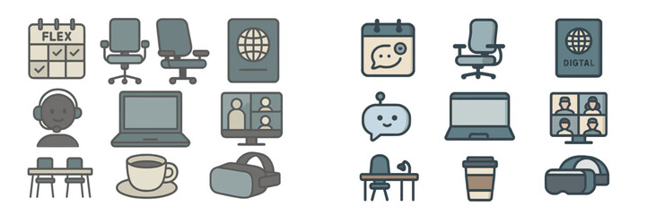 Poster - Modern workspace icons representing remote work, digital collaboration, and technology trends for contemporary professionals