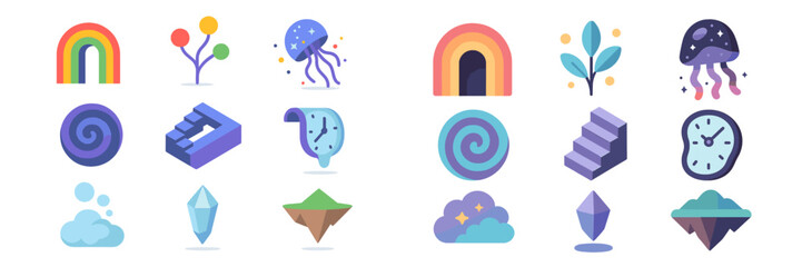 Poster - Colorful and imaginative icons featuring nature, abstract shapes, and whimsical designs for creative projects and digital art