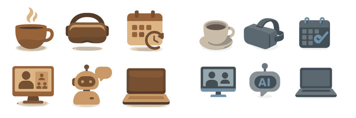 Poster - Digital tools and technology icons illustrating virtual meetings and planning with coffee and gadgets in a modern setup