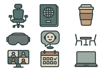 Poster - Modern workspace elements include office chair, laptop, coffee, and virtual meeting tools for productivity and collaboration