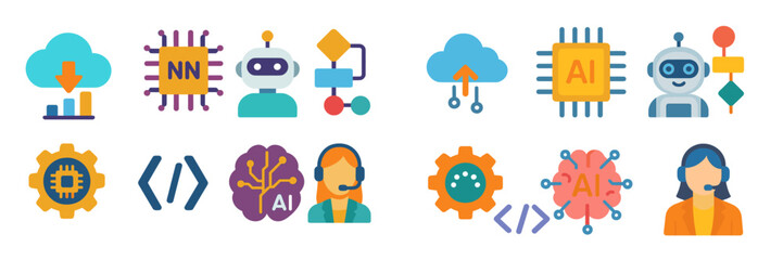 Poster - Colorful icons representing artificial intelligence and machine learning concepts, featuring bots, cloud computing, and data processing activities