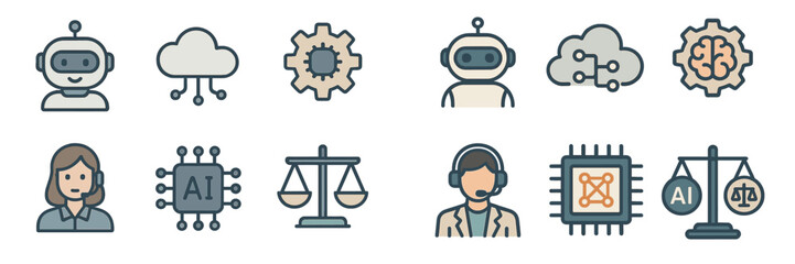 Poster - Icons of artificial intelligence representing robotics, data analysis, and ethical considerations in technology development and application