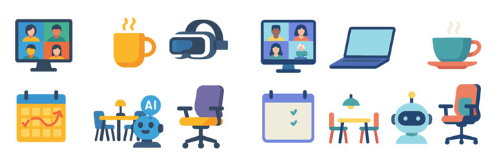 Poster - Various digital tools and items used for online collaboration and modern workspace arrangements