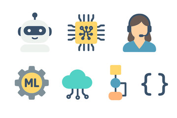 Poster - Creative representation of artificial intelligence concepts featuring a robot, microchip, and support staff engaged in tech discussions